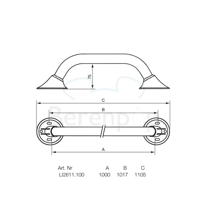 Handicare (Linido) LI2611100211 wandbeugel Ergogrip 1000mm RVS gepolijst (antraciete afdekkappen)